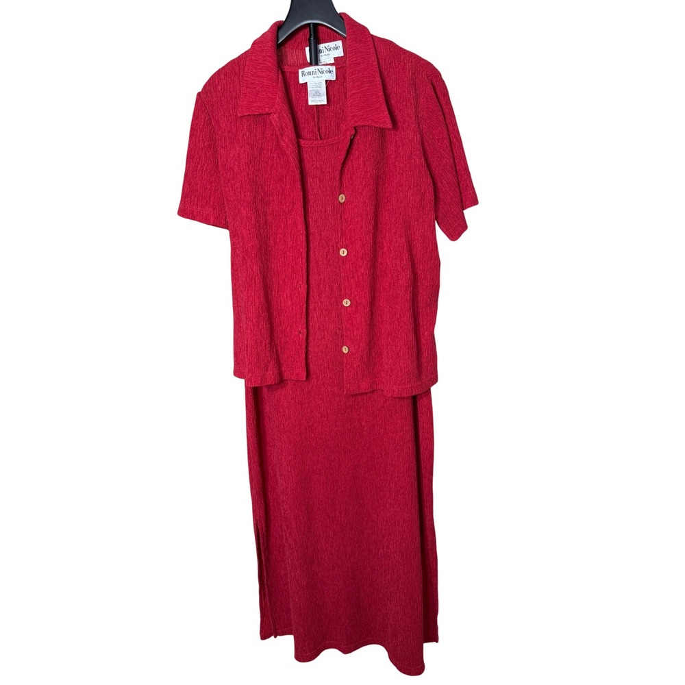 Ronni Nicole Red Crinkle Knit 2 Piece Maxi Dress and Button Shirt Set Size 16